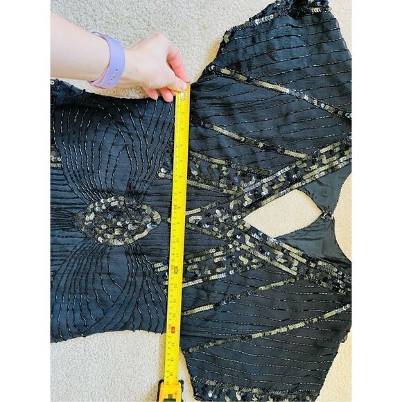 Lillie Rubin Vintage Art Deco Black Silk Beaded Sequined Cocktail Dress Short Sl - Picture 11 of 15